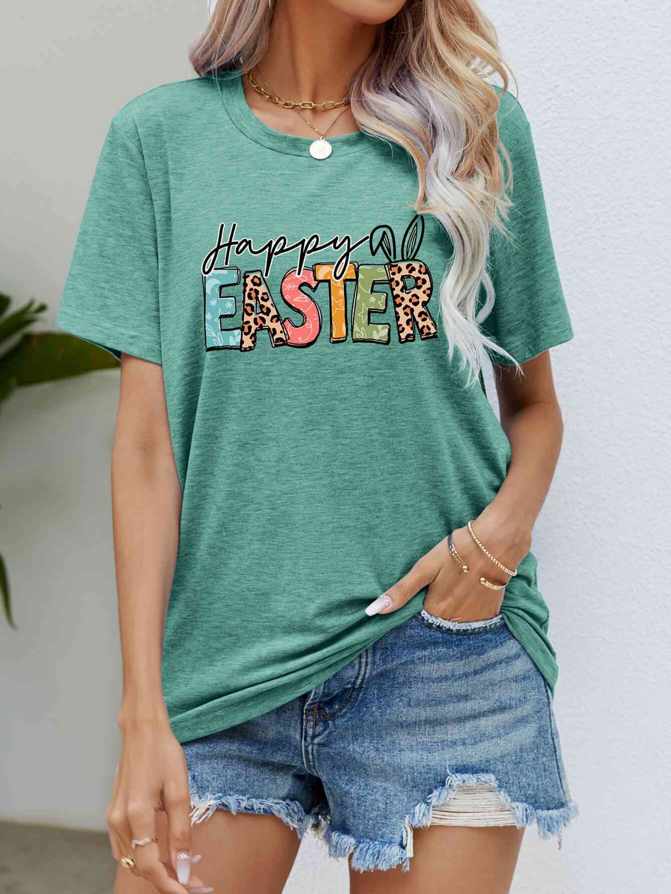 HAPPY EASTER Graphic Round Neck Tee Shirt